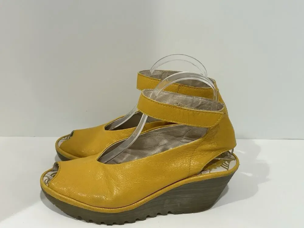 fly London leather sandal Yellow Ankle Strap Platform Size 8